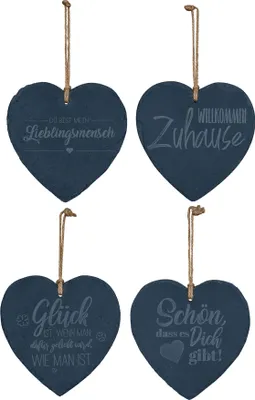 Produktbild von 4er Set Schiefertafel Herz 20x20cm Sprüche Schieferplatte Memotafel Dekohänger