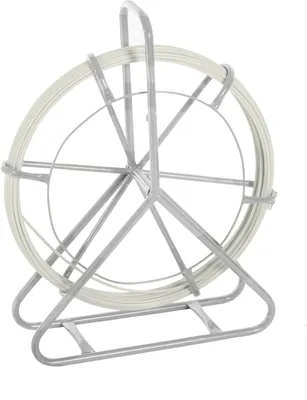 A white cable on a silver reel stand against a white background.