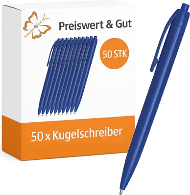 Produktbild von 50x Druckkugelschreiber Kugelschreiber Kunststoff blau schwarz Schreibfarbe schwarz 800-1000m Länge 13,8cm