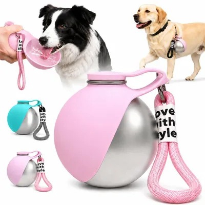 Trinkflasche für Hunde, 285 ml, Edelstahl, faltbarer Napf, Rosa