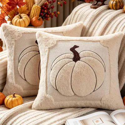 Productafbeelding van Kussensloop, herfstcollectie, 2 stuks, 40x40 cm, pluche, pompoenmotief, decoratieve kussens, beige