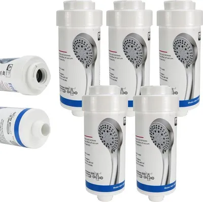 A set of shower water filters arranged on a white background. The filters are cylindrical with a showerhead graphic printed on them.