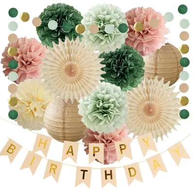 Productafbeelding van Verjaardagsdecoratieset in saliegroen, roze en beige: papieren slingers, pompons, waaierversieringen, lampions en een banner