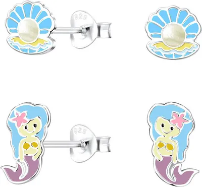 Produktbild von 2er Set Kinder Ohrringe Silber 925 Ohrstecker Muschel & Meerjungfrau
