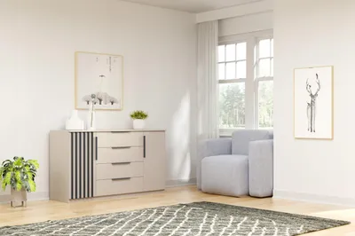 Zdjęcie produktu dla Komoda Atena 160 nowoczesna, minimalistyczna, obudowa i fronty białe, listwy czarne 160x89x48 cm