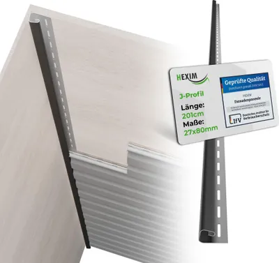 A close-up view of a gray J-profile siding panel attached to a light-colored wall, with a marketing card showing product details and certifications.