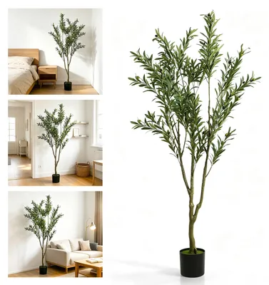 Zdjęcie produktu dla Sztuczna oliwa Ikodm, wysokość 180 cm, 3 gałęzie i 865 liści, realistyczna roślina ozdobna w doniczce wykonanej z PE i tkaniny, idealna do salonu, biura i recepcji