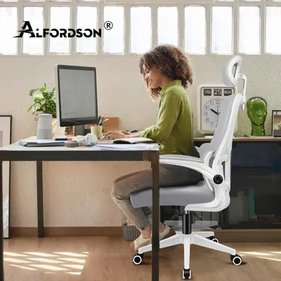 Produktbild von ALFORDSON Ergonomischer Bürostuhl, Selbstanpassende Lendenstütze, Abnehmbare Kopfstütze, S-Kurven Design, Atmungsaktives Netz, Weiß & Grau