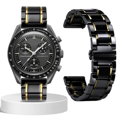 Produktbild von FFO2World Luxus Keramik-Edelstahlarmband für Samsung Galaxy Watch 3-7 & Garmin / Polar – Smartwatch-Armband 20 mm – Schwarz/Gold