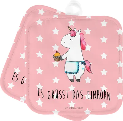 Produktbild von Mr. & Mrs. Panda Topflappen Einhorn Muffin - Rot Pastell - Geschenk, topfhalter, Topflappenset, Geburtstag, Topfuntersetzer, Glückwünsche, Kekse, Unicorn, Set, Kochlappen