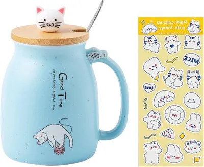 Produktbild von Keramische Kaffeekanne 450 ml mit Deckel & Löffel & Aufkleber, Keramikbecher, Geschenk für Frauen