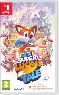 The cover art for the Nintendo Switch game 'New Super Lucky's Tale', featuring the main character, Lucky the fox, surrounded by other characters and elements from the game.