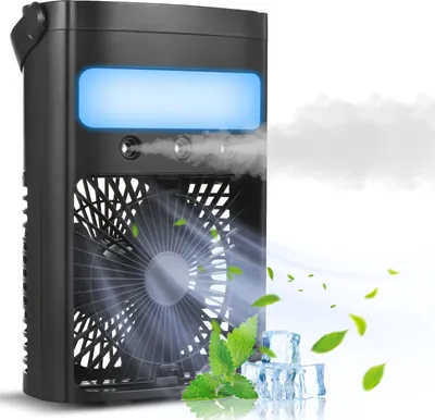 Zdjęcie produktu dla Przenośny klimatyzator z wentylatorem, pojemność 700 ml, chłodzący nawilżacz powietrza z oddychania, wyposażony w 7-kolorowe oświetlenie LED, timer (2/4 godziny), 3 tryby prędkości wentylatora i 3 tryby nawilżania powietrza, idealny do pomieszczeń, sypialni i biur