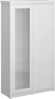 A white display cabinet with a glass door on the left and solid doors on the right.