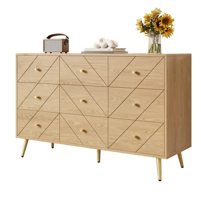 Produktbild von Moderne 9-Schubladen Kommode mit Eisenbeinen,Stilvolle Aufbewahrungslösung,Robuste PB-Konstruktion mit eleganten Mustern und praktischen Knöpfen