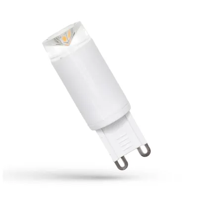 A white LED light bulb with a G9 base is shown against a white background.