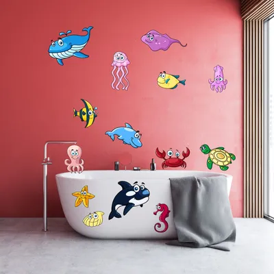 Produktbild von 14 Badezimmer Aufkleber Set Fische MEERESTIERE WC BAD Wandtattoo Sticker Dusche