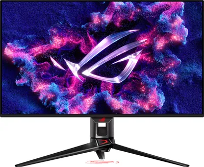 A gaming monitor displaying a vibrant, abstract wallpaper with the ROG logo.