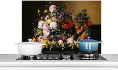 Produktbild von KitchenYeah®  Spritzschutz Küche - Küchenrückwand - Wandschutz für Herd und Spüle - Stilleben mit Blumen und Früchten - Kunstwerk - Alte Meister 90x60 - Alu-Dibond (Alternative zum Spritzschutz aus Gl