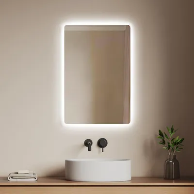 Productafbeelding van EMKE badspiegel met LED-verlichting, wandspiegel met touchbediening en anti-condensfunctie, 40x60 cm. Badkamerspiegel met 2 lichtkleuren