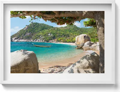 Produktbild von Meerblick Koh Tao Thailand– Wandbild mit Rahmen – Gerahmtes Bild  – Wanddekoration – 70x50 cm –  Weiß Rahmen