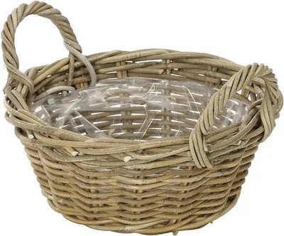 Produktbild von Famanu Pflanzgefäß Rattanoptik rund mit Griff - Durchmesser 26 cm, Höhe 12 cm, grau-braun