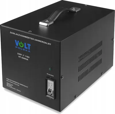 A black voltage converter is shown from a three-quarter front angle against a white background.