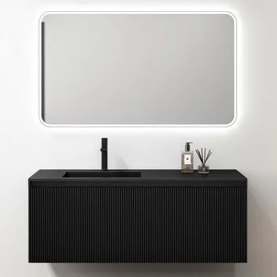 Image de doporro Meuble de Salle de Bains Suspendu 120x50x46 cm avec Lavabo Ensemble de 3 Pièces Vasque LED Miroir Meuble sous Vasque Noir Mat Design Santa