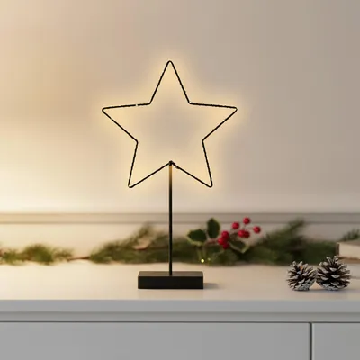 Produktbild von Metall Leuchtstern Tisch Aufsteller schwarz batteriebetrieben mit Timer - 43 x 25 cm - Stern Silhouette mit Standfuß beleuchtet mit 30 LED