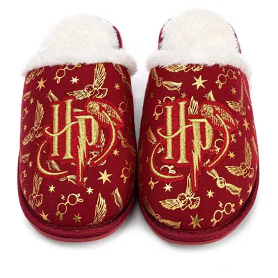 Produktbild von Harry Potter Damen Hausschuhe Rot mit Goldfolie, Größe 38 & 39,5 EU, Hedwig Motiv, Silikon-Noppen, aus Stoff, Schaumstoff, Synthetik, 100% offiziell lizenziert, NS6677