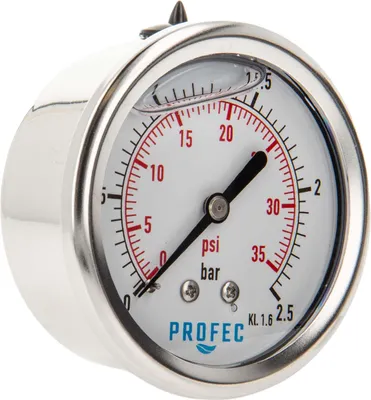 Produktbild von Profec Manometer 0 - 2,5 bar, Glyzeringefüllt, Ø 63 mm, 1/4 Zoll Anschluss nach hinten Axial, Überdruck-Manometer