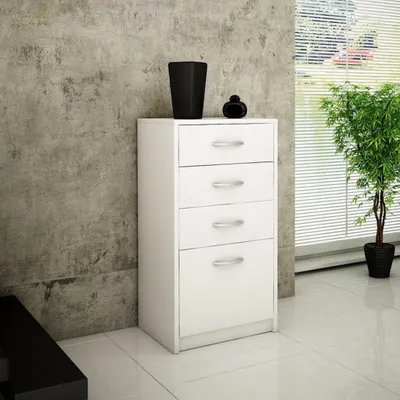 Image de Commode 4 tiroirs finition mate, commode 45cm de large armoire bois commode à tiroirs Sideboard Highboard blanc