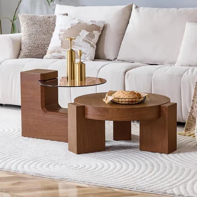 Produktbild von Trennbares Couchtisch-Set braunes Glas Nussbaumoptik MDF L-Form Beistelltisch Wohnzimmertisch modern Braun
