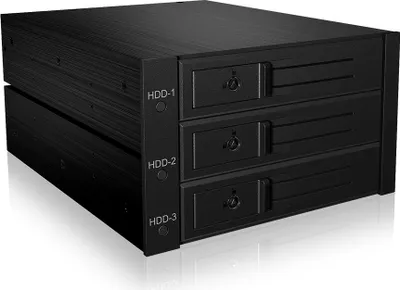 Produktbild von ICY BOX IB-563SSK, Backplane, 3x 3,5" SAS/SATA (I/II/III) HDD in 2x 5,25" Einschübe, Hot Swap, trägerloser HDD Einbau, Lüfter, 2x 5,25", Speicherlaufwerkbehälter, Schwarz, 2.5", SATA, SATA II, SATA III, Aluminium
