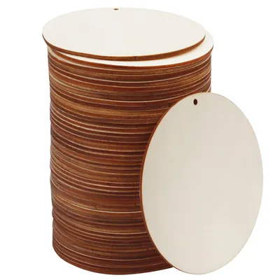 Produktbild von Kurtzy 50x Runde Holzscheiben mit Loch – Holzscheiben Rund 10cm Durchmesser Holzplatten zum Basteln 2,5mm Dick - Holzplatten Zuschnitt Blanko - 50er