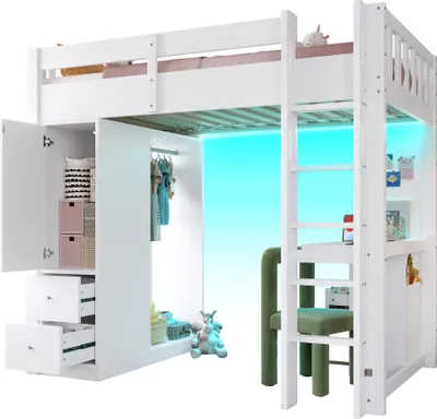 Produktbild von Merax Etagenbett Hochbett 90x200cm mit 4 Schubladen, Stauraumschrank, Schreibtisch, Offenem Kleiderschrank, LED-Licht, USB, Kinderbett Stockbett, Weiß