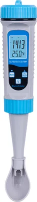 A digital water tester with a display screen and a probe.