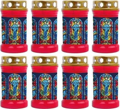 Produktbild von Grabkerze Rot 8er Pack, Brenndauer: 40 Stunden ( je Kerze ), Motiv: Fenster Blau