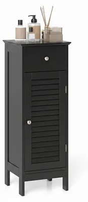 Productafbeelding van COSTWAY Badmeubel met lade, vrijstaand smal badmeubel met verstelbaar legplank en omvalbeveiliging, houten onderkast 32x30x88cm, zwart
