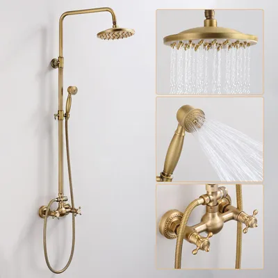 Produktbild von Duschsystem Retro Messing Duscharmatur Set Duschset Antik Gold Dusche mit Regendusche 8" Handbrause Höhenverstellbar 77-129cm