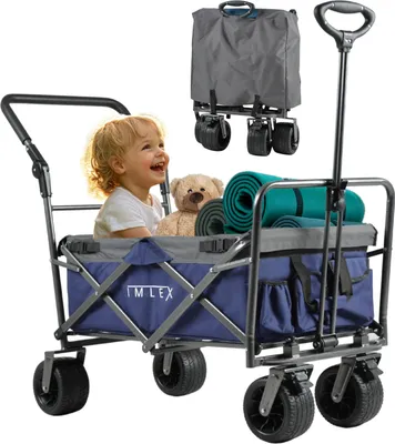 A child and a teddy bear are in a blue wagon, with rolled-up mats behind them. A folded gray wagon is shown in the background.