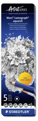Produktbild von STAEDTLER Mars Lumograph 100A wasservermalbarer Zeichenbleistift Metalletui mit 5 Bleistiften und Pinsel