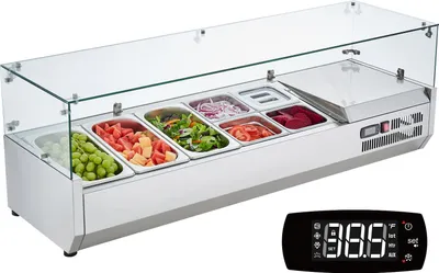 Immagine prodotto di VEVOR Stazione refrigerata da banco per condimenti, stazione di preparazione con 3 teglie da 1/3 e 4 teglie da 1/6, corpo in acciaio inox 304 e coperchio in PC, protezioni in vetro per il tavolo di preparazione dei sandwich