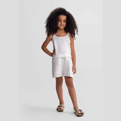 Produktbild von Minoti Mädchen Overall Strick Pointelle Weiß - Kurzer Jumpsuit aus Baumwolle mit Trägern für Kinder