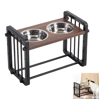 Produktbild von Erhöhter Hundebar aus Holz – Höhenverstellbarer Futterständer mit 2 Edelstahlnäpfen, rutschfest, für alle Wachstumsphasen