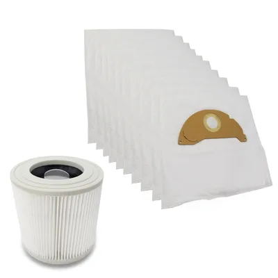 A vacuum cleaner filter and a stack of vacuum cleaner bags against a white background.
