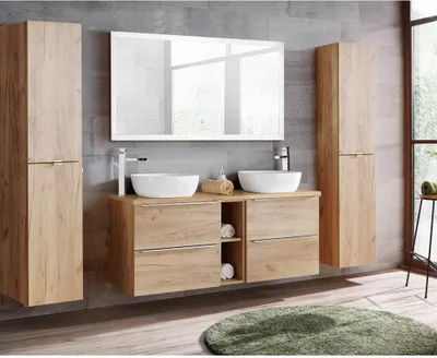 Produktbild von Badmöbelset mit Doppel-Waschtisch inkl. 2 Keramik-Aufsatzbecken TOSKANA-56 Wotaneiche Nb. inkl. LED-Touch-Spiegel, BxHxT ca. 250/190/46cm