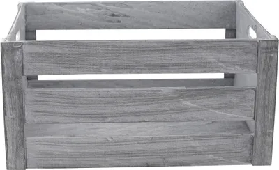 A grey and white wooden crate with handles.