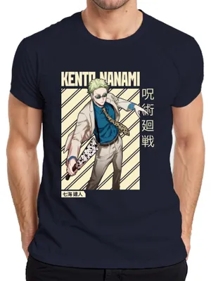 Productafbeelding van Kento Nanami Jujutsu Kaisen pak, bril, stropdas, zwaard, manga, heren T-shirt, marineblauw, maat L