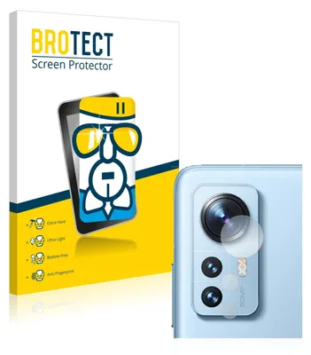 A product packaging for a screen protector is shown next to a smartphone camera module.